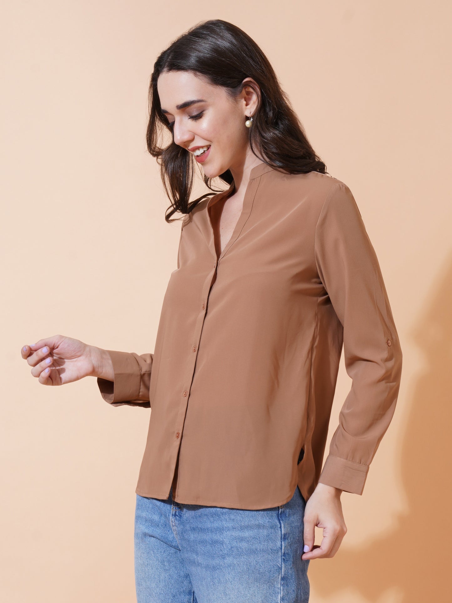 9 Impression Women Brown Solid Full Sleeves Casual Top