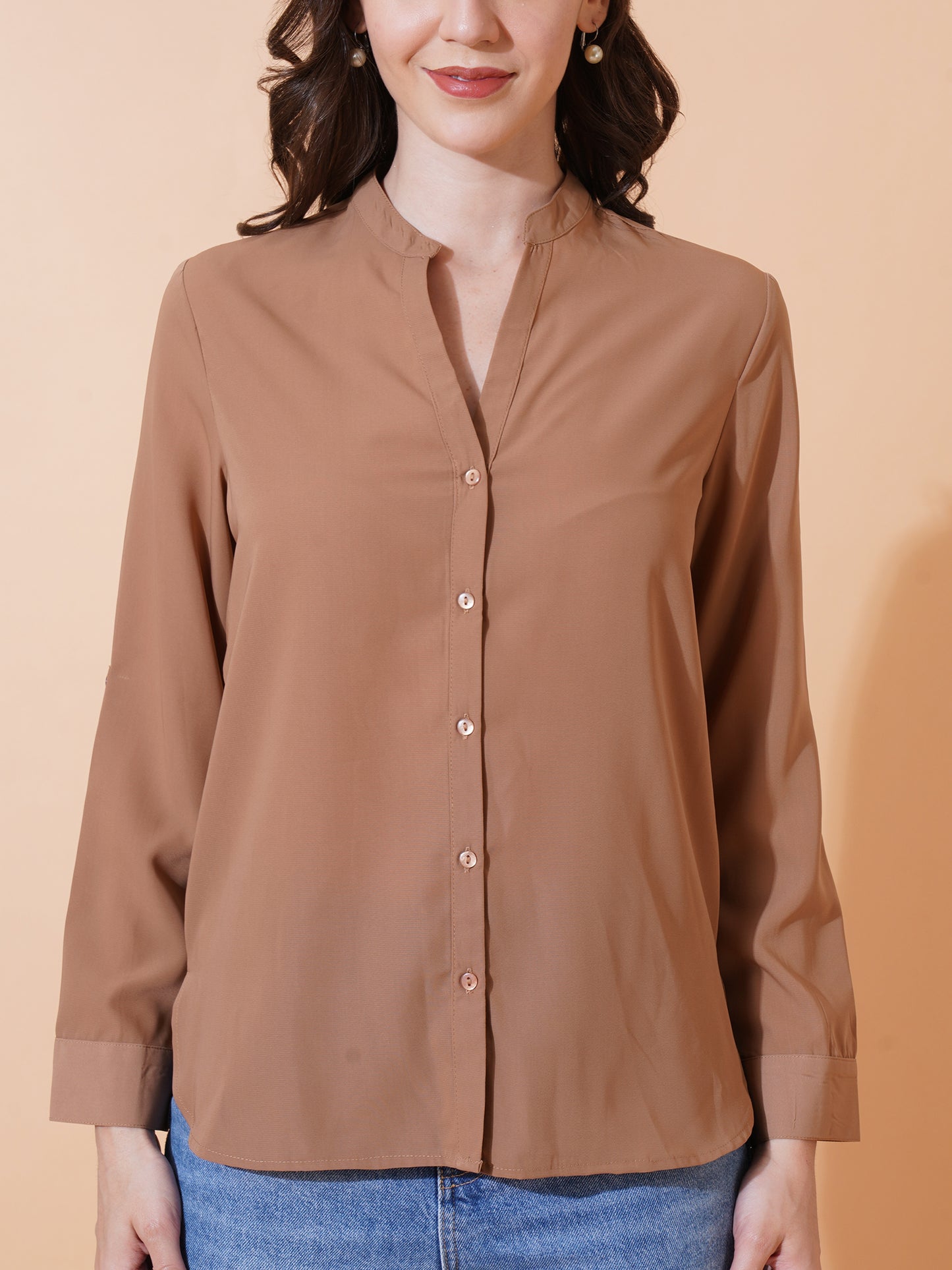 9 Impression Women Brown Solid Full Sleeves Casual Top