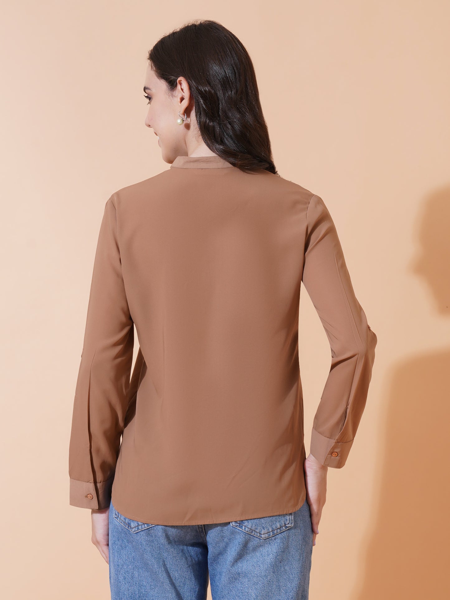 9 Impression Women Brown Solid Full Sleeves Casual Top