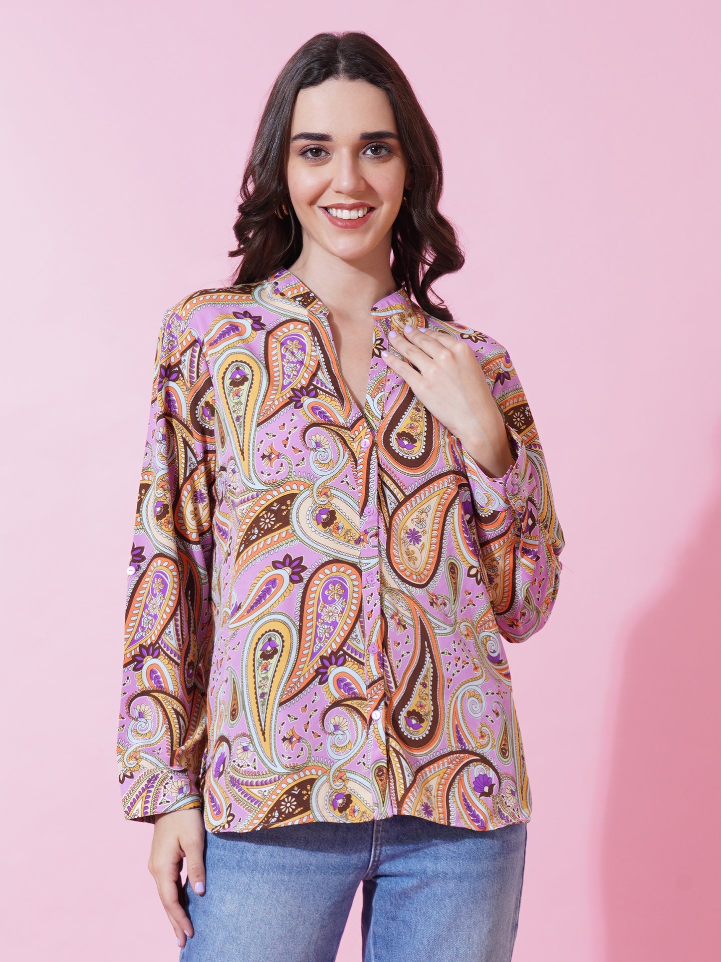 9 Impression Women Brown & Purple Paisley Print Full Sleeves Casual Top