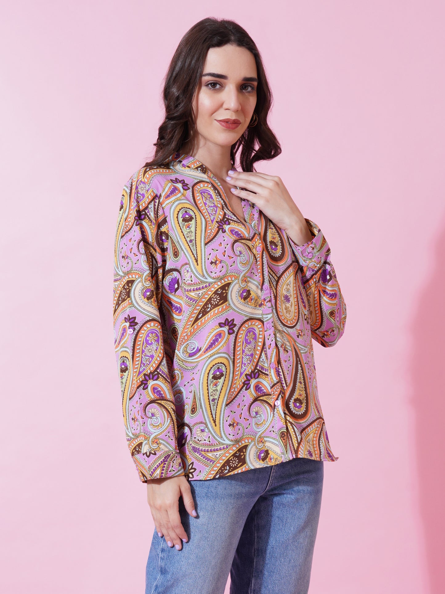 9 Impression Women Brown & Purple Paisley Print Full Sleeves Casual Top