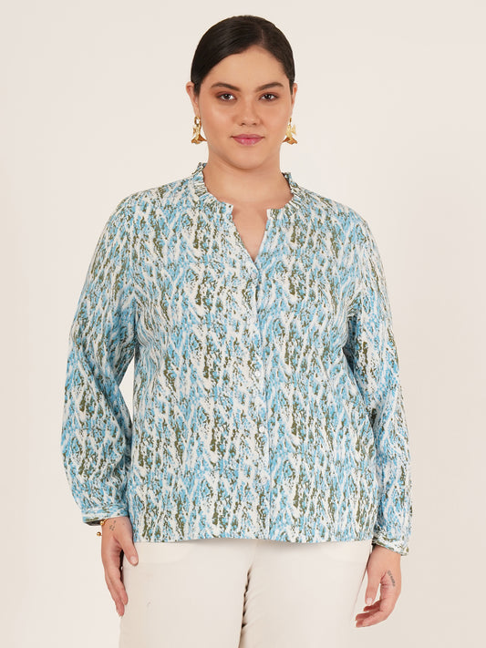 Women Light Blue & White Printed Mandarin Collar Plus Size Top