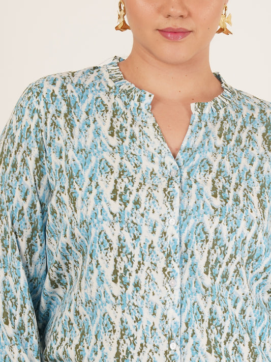 Women Light Blue & White Printed Mandarin Collar Plus Size Top