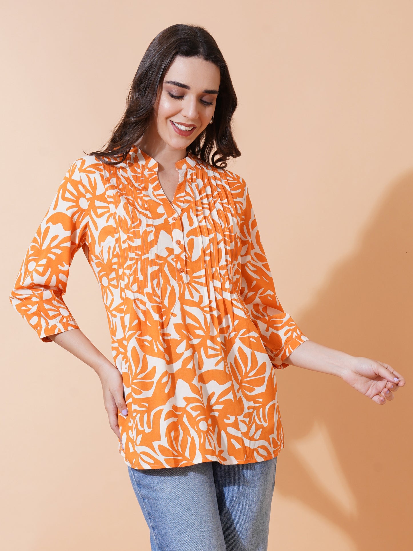 9 Impression Women Orange & White Printed Pintuck Plus Size Tops