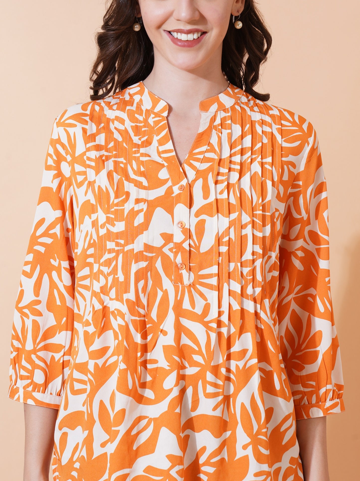 9 Impression Women Orange & White Printed Pintuck Plus Size Tops