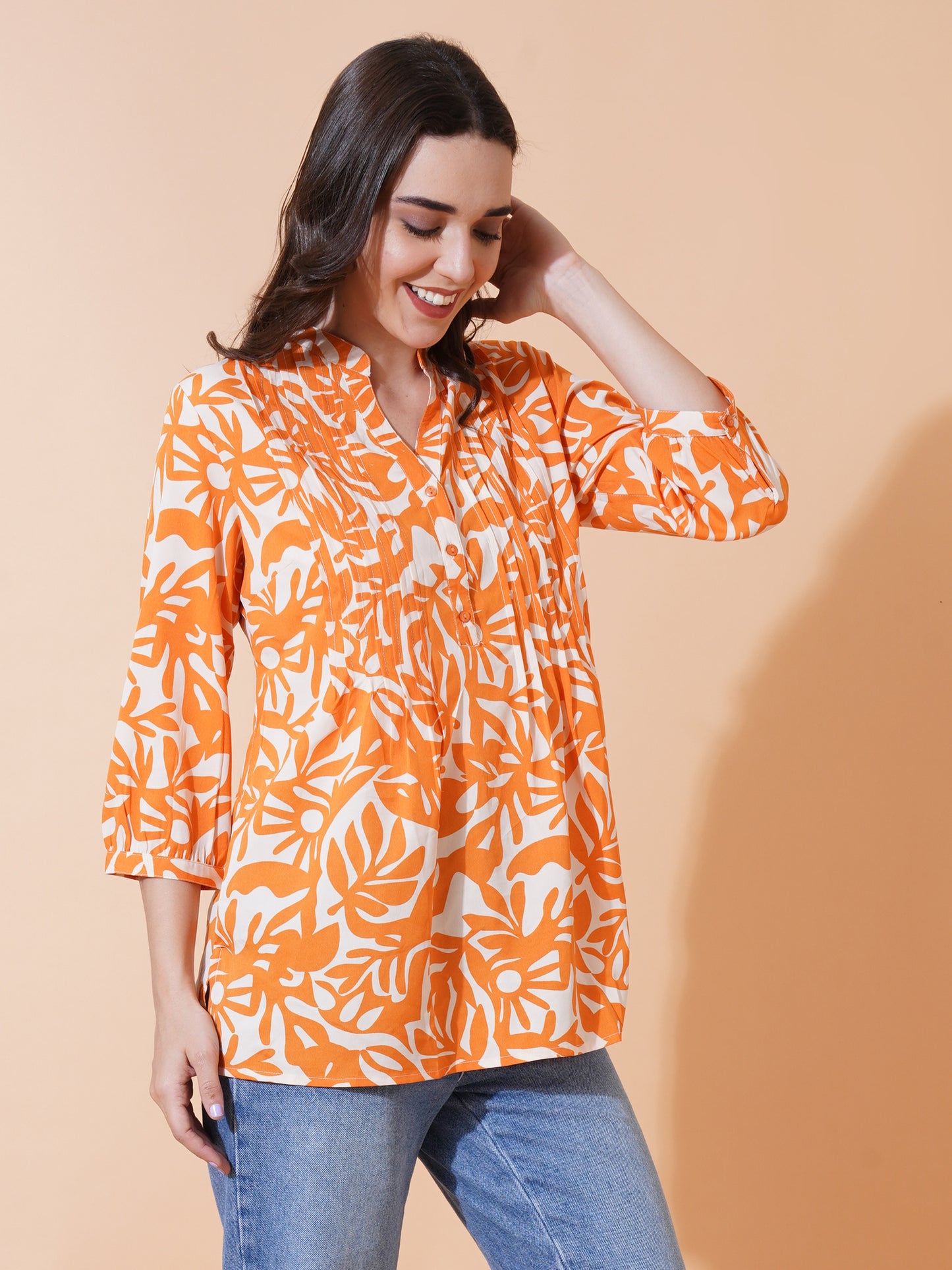 9 Impression Women Orange & White Printed Pintuck Plus Size Tops