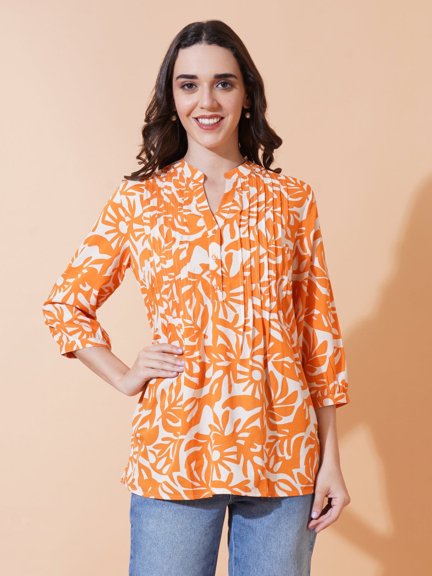 9 Impression Women Orange & White Printed Pintuck Plus Size Tops