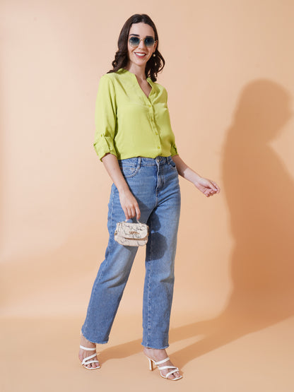Women Neon Solid Full Sleeves Satin Casual Tops