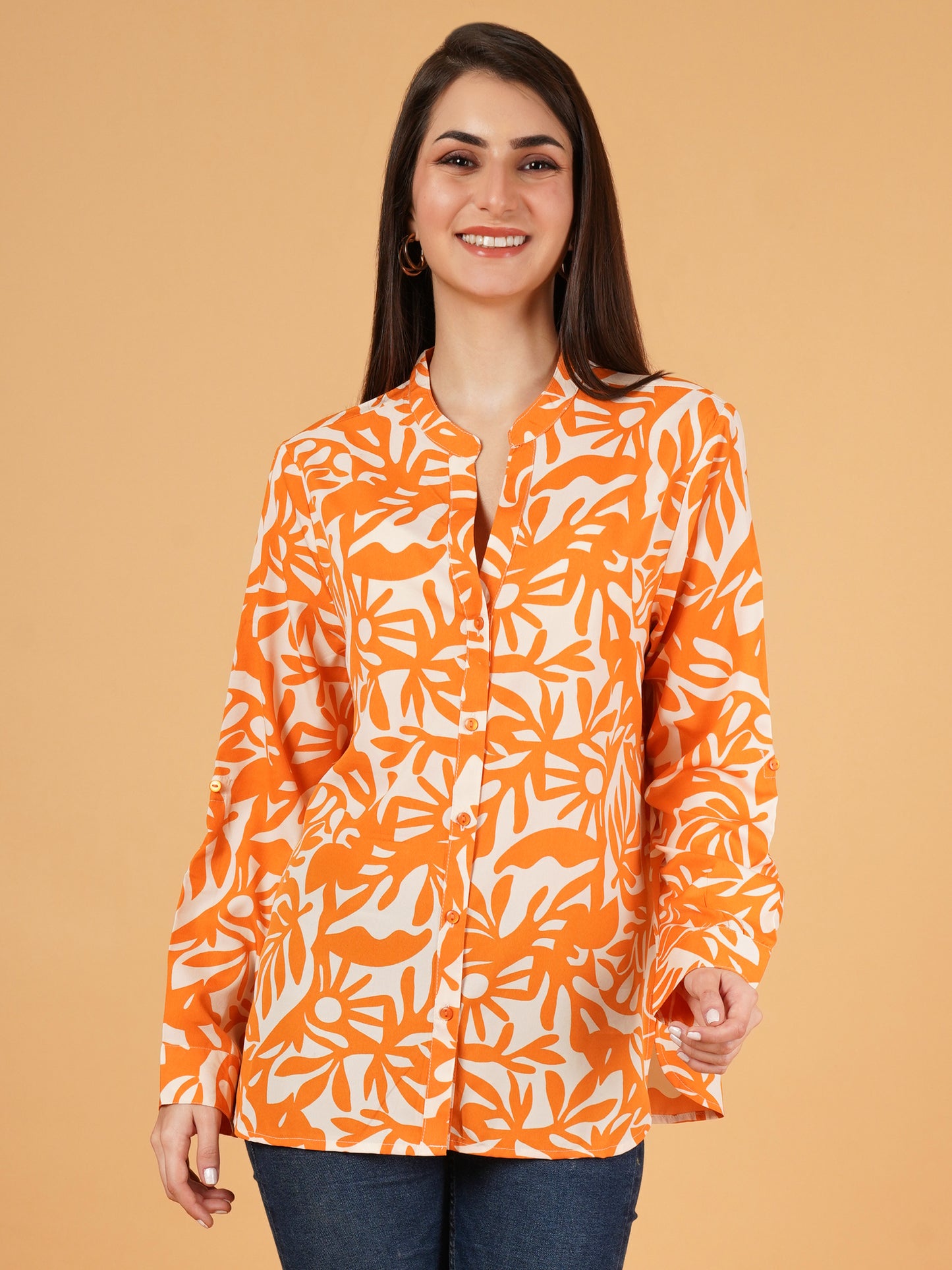 Women Orange & White Mandarin Collar Cotton Oversized Shirt Style Top