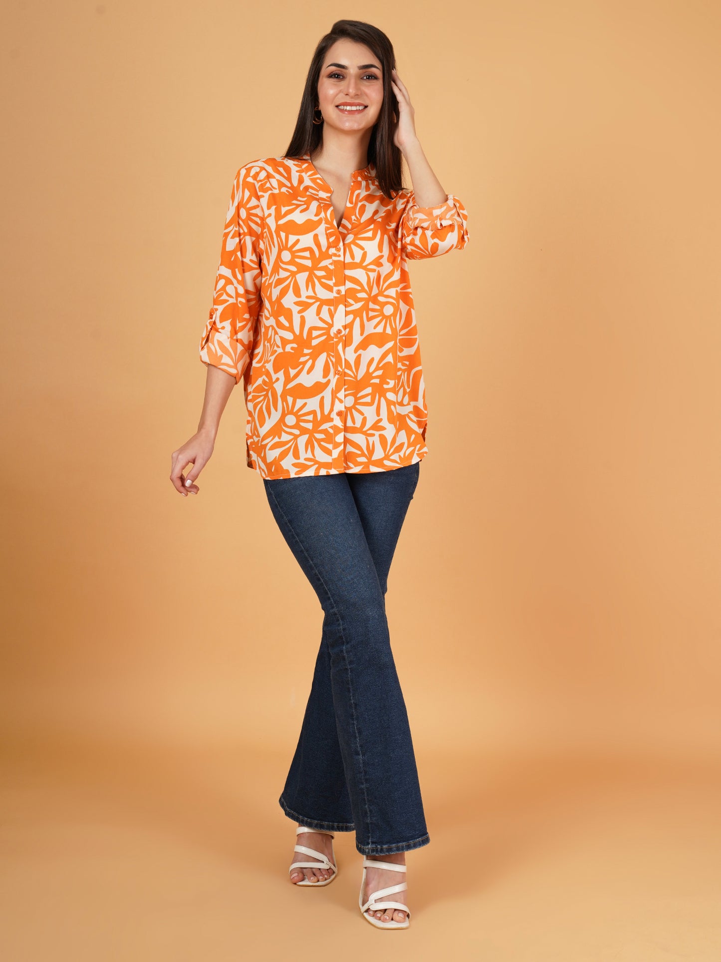 Women Orange & White Mandarin Collar Cotton Oversized Shirt Style Top