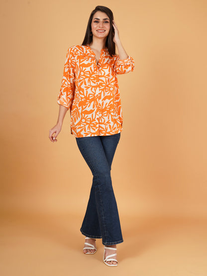 Women Orange & White Mandarin Collar Cotton Oversized Shirt Style Top