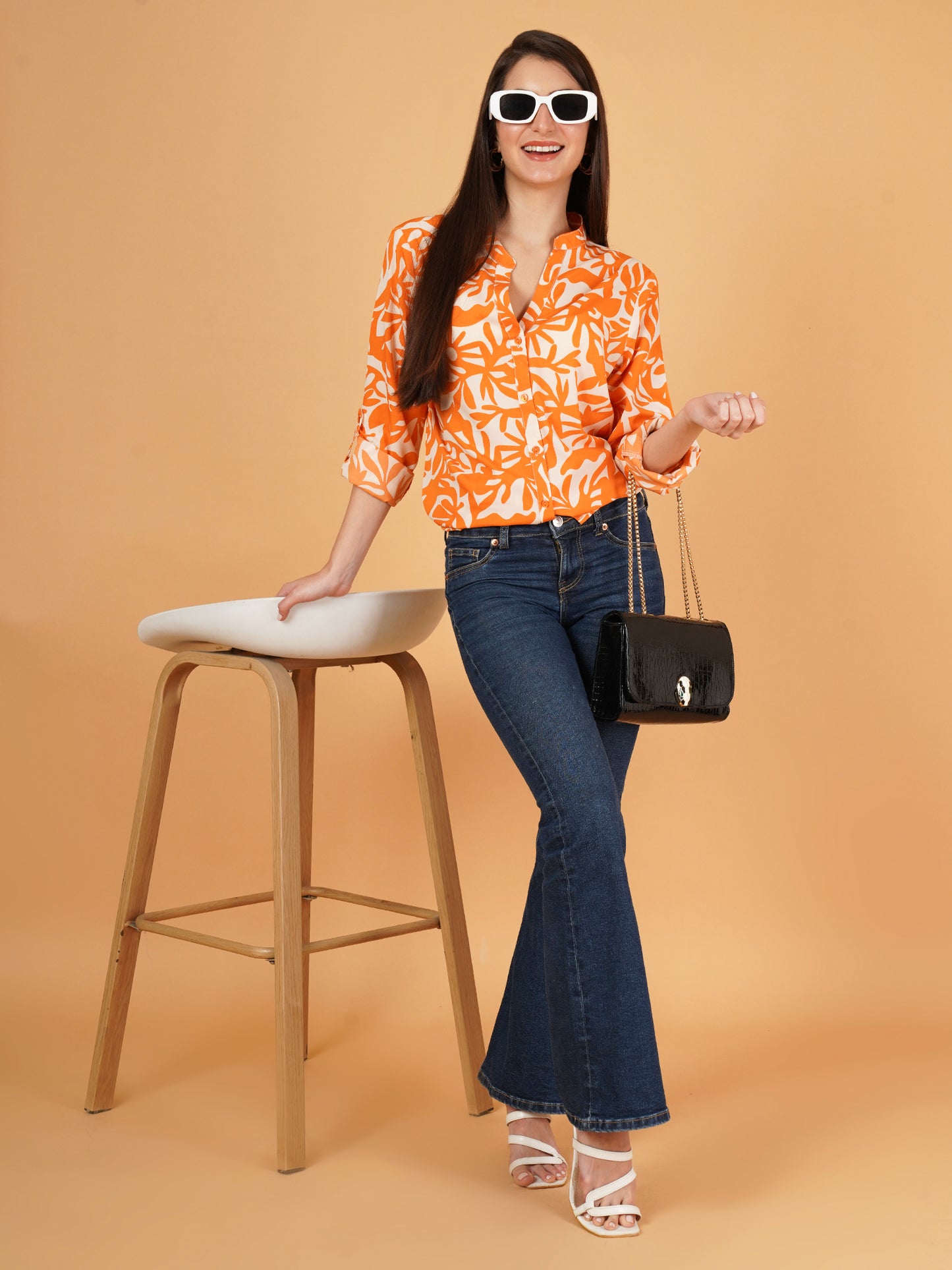 Women Orange & White Mandarin Collar Cotton Oversized Shirt Style Top