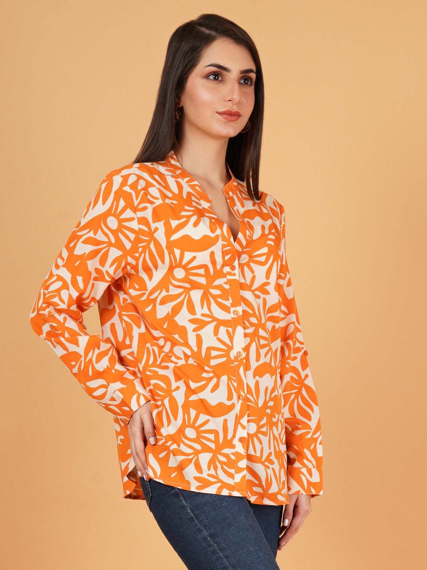 Women Orange & White Mandarin Collar Cotton Oversized Shirt Style Top