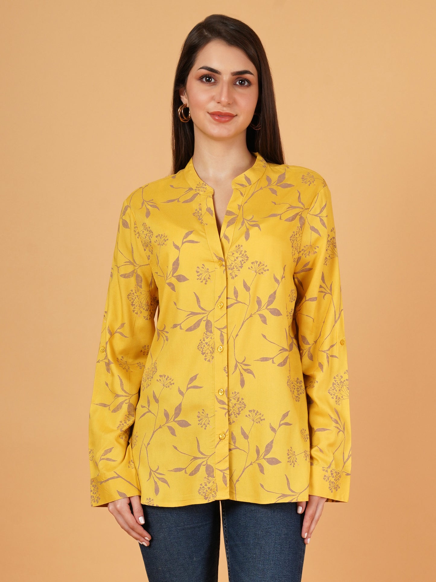 Women Yellow & Pink Mandarin Collar Full Sleeves Oversized Shirt Style Top