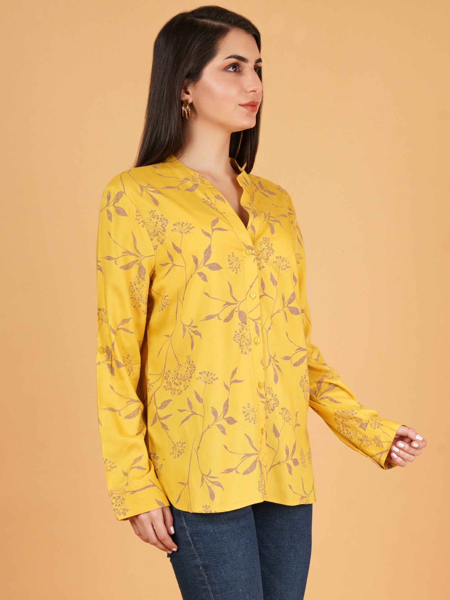 Women Yellow & Pink Mandarin Collar Full Sleeves Oversized Shirt Style Top