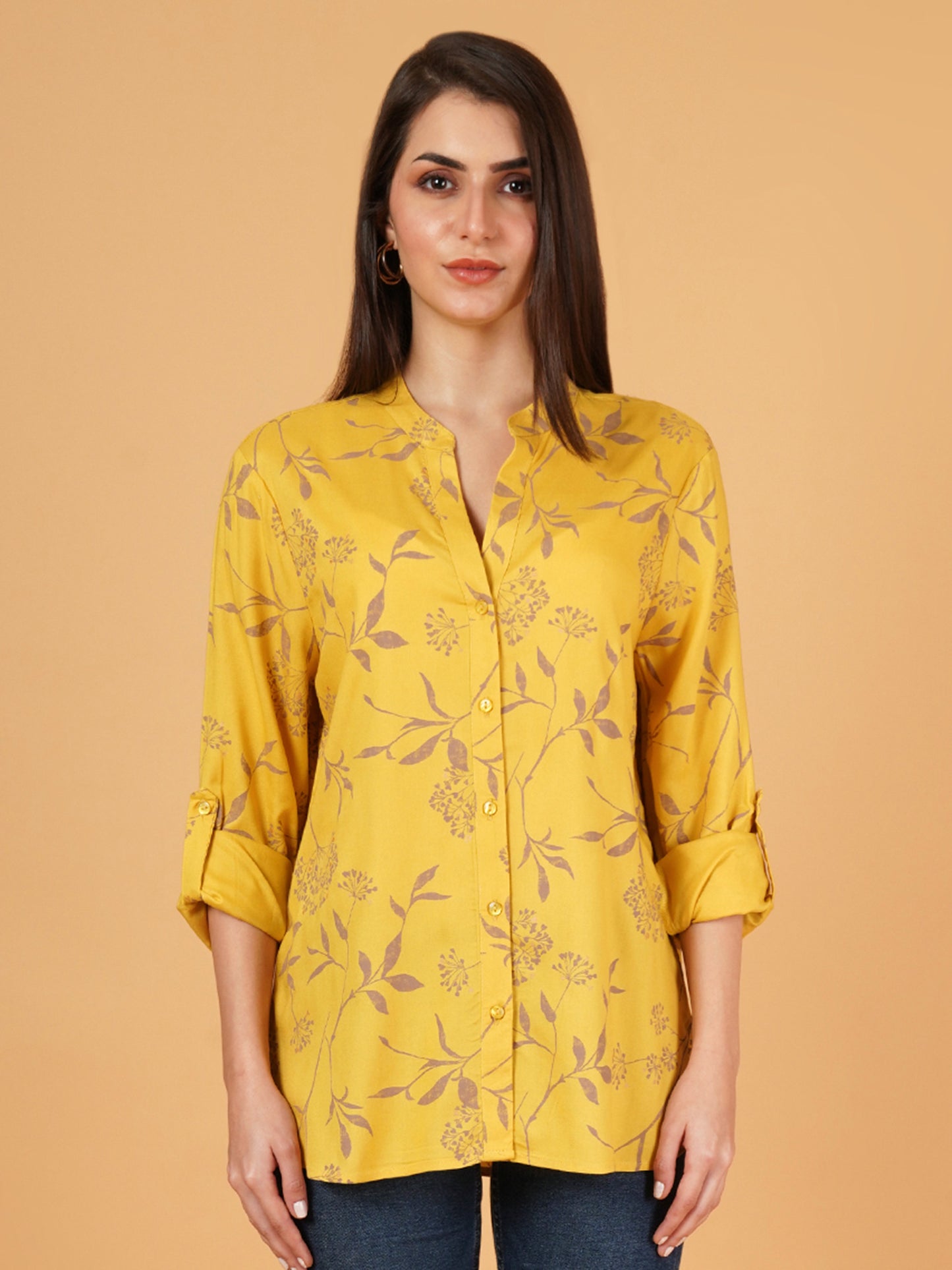 Women Yellow & Pink Mandarin Collar Full Sleeves Oversized Shirt Style Top