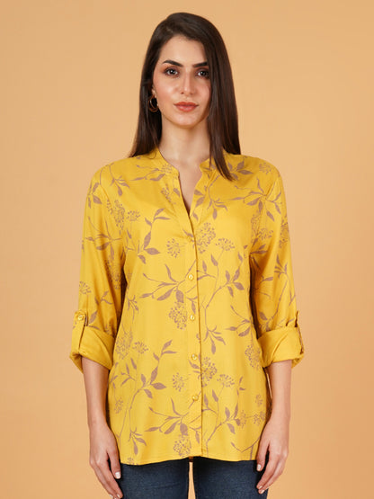 Women Yellow & Pink Mandarin Collar Full Sleeves Oversized Shirt Style Top