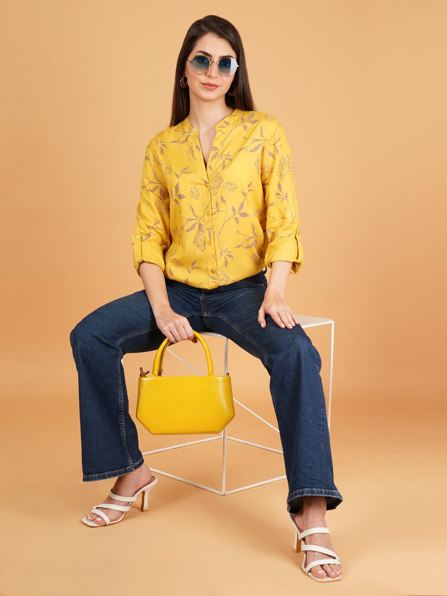 Women Yellow & Pink Mandarin Collar Full Sleeves Oversized Shirt Style Top