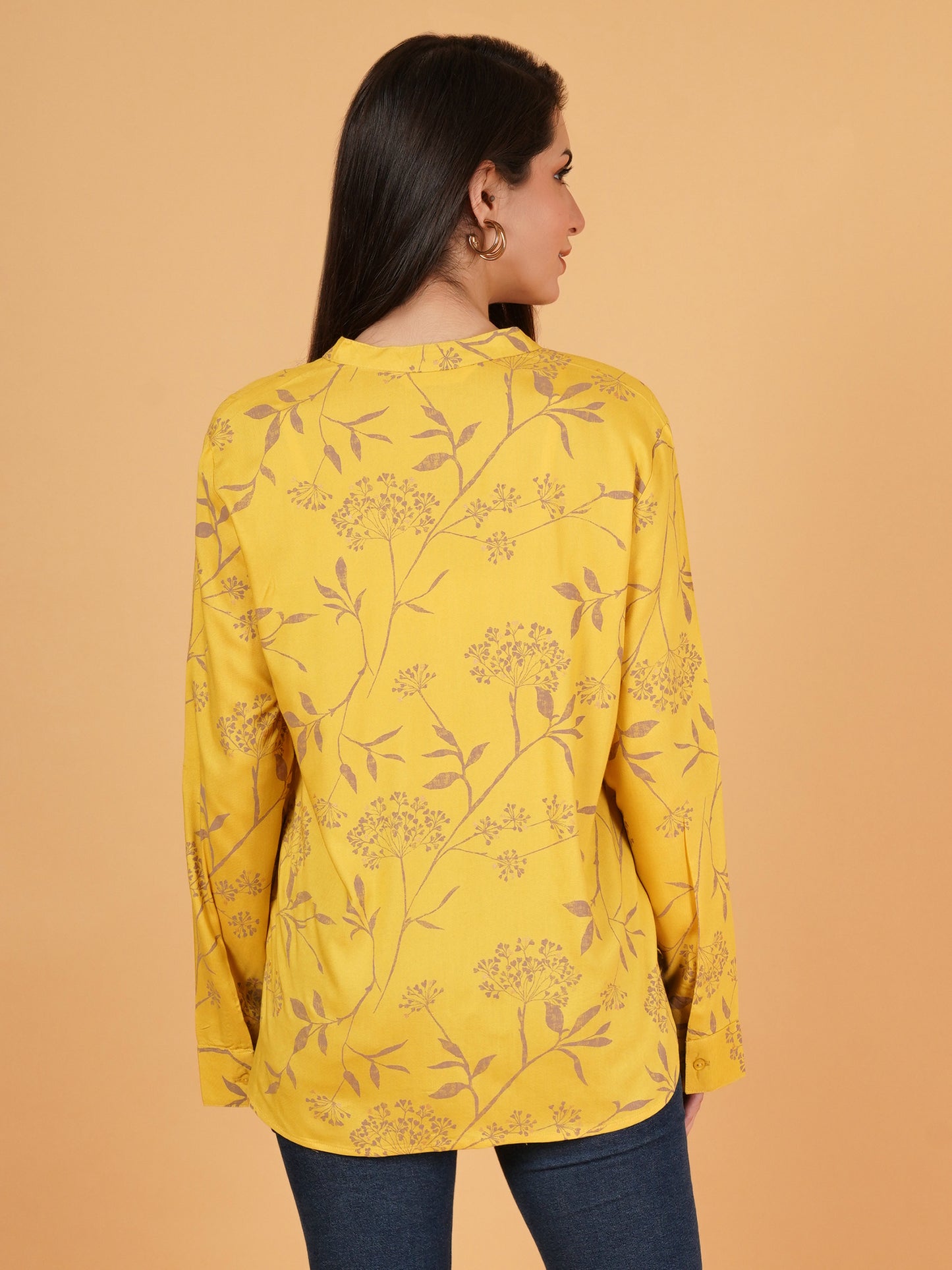 Women Yellow & Pink Mandarin Collar Full Sleeves Oversized Shirt Style Top