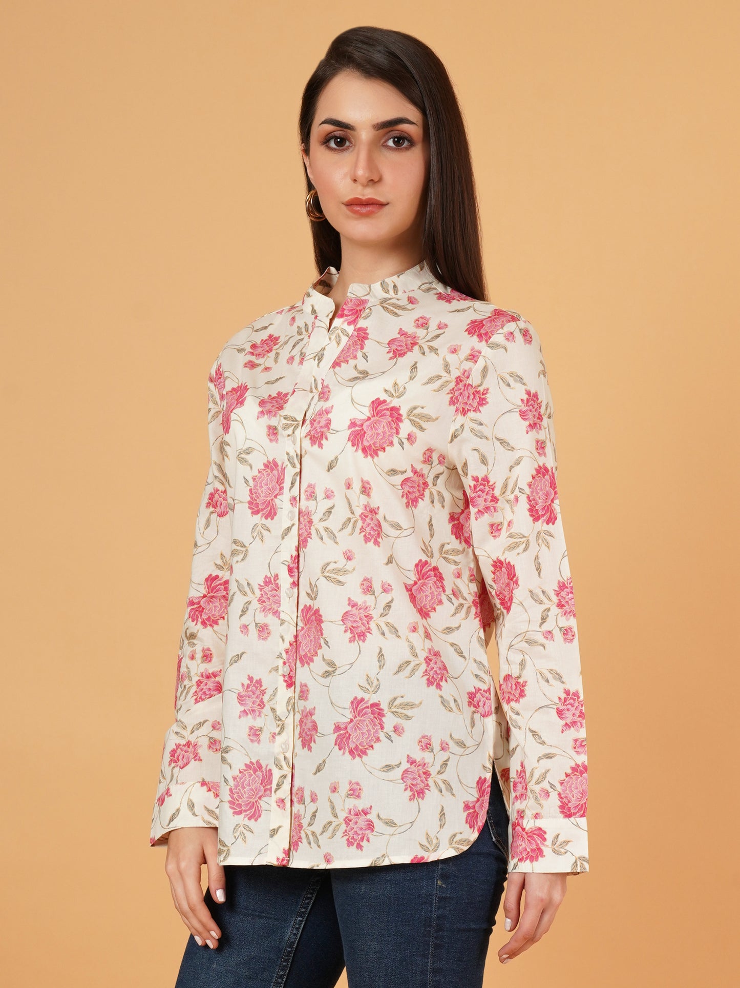 Women White & Pink Mandarin Collar Cotton Oversized Shirt Style Top