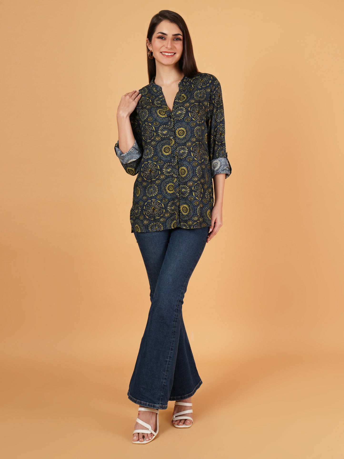 Women Navy Blue & Green Mandarin Collar Cotton Oversized Shirt Style Top