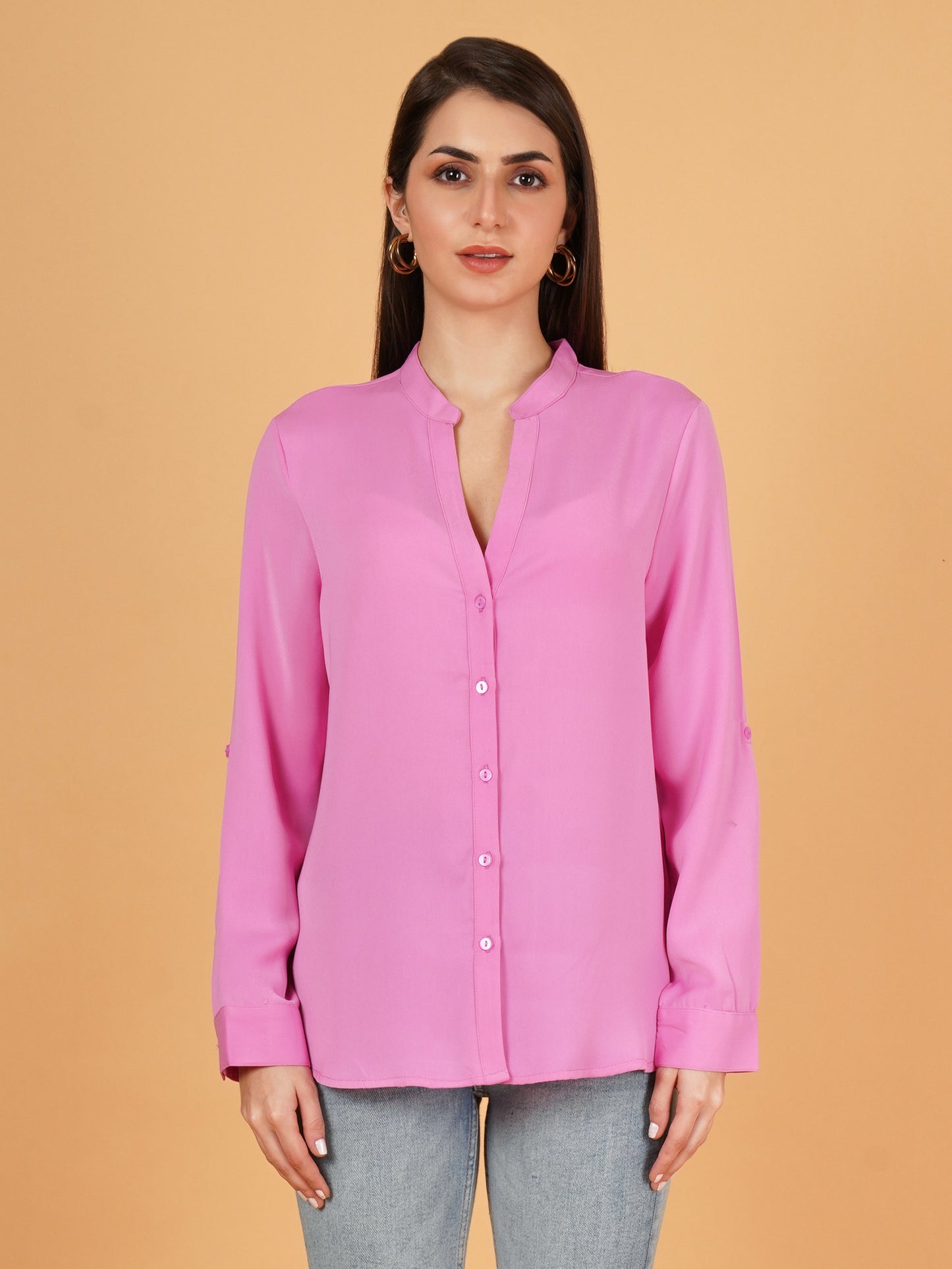 Pink Mandarin Collar Foldup Full Sleeves Oversized Casual Shirt Style Womens Top