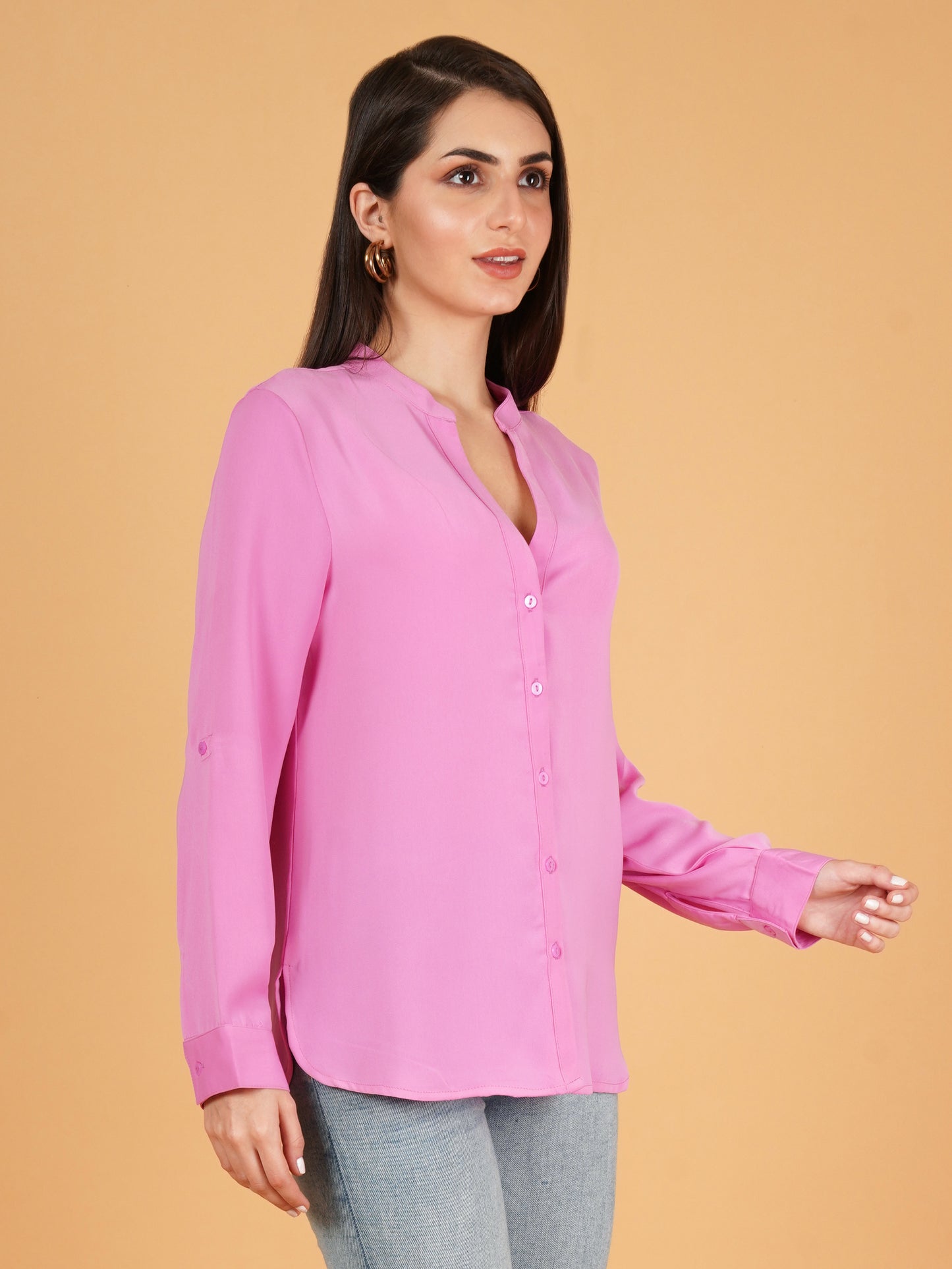 Pink Mandarin Collar Foldup Full Sleeves Oversized Casual Shirt Style Womens Top