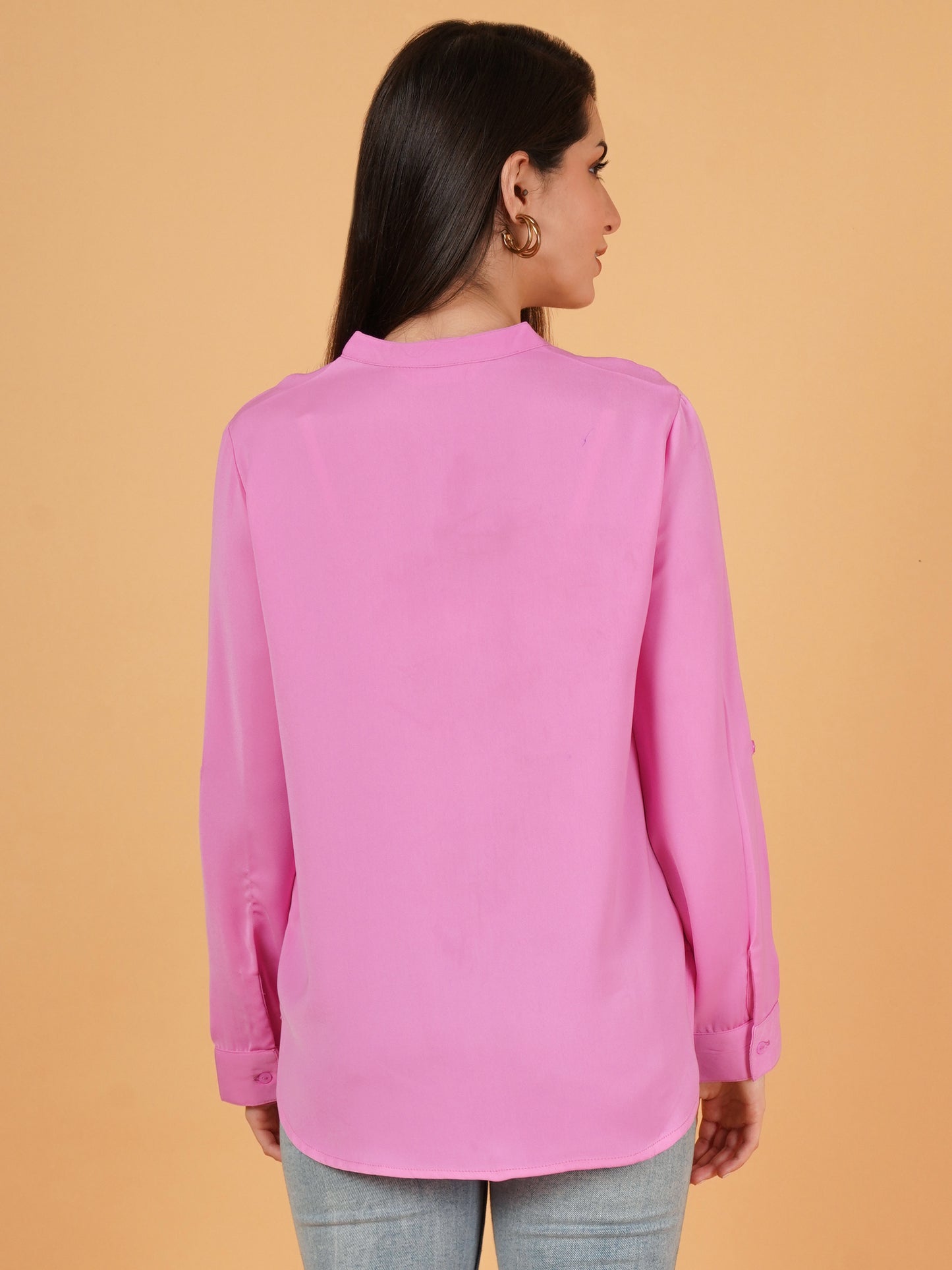 Pink Mandarin Collar Foldup Full Sleeves Oversized Casual Shirt Style Womens Top