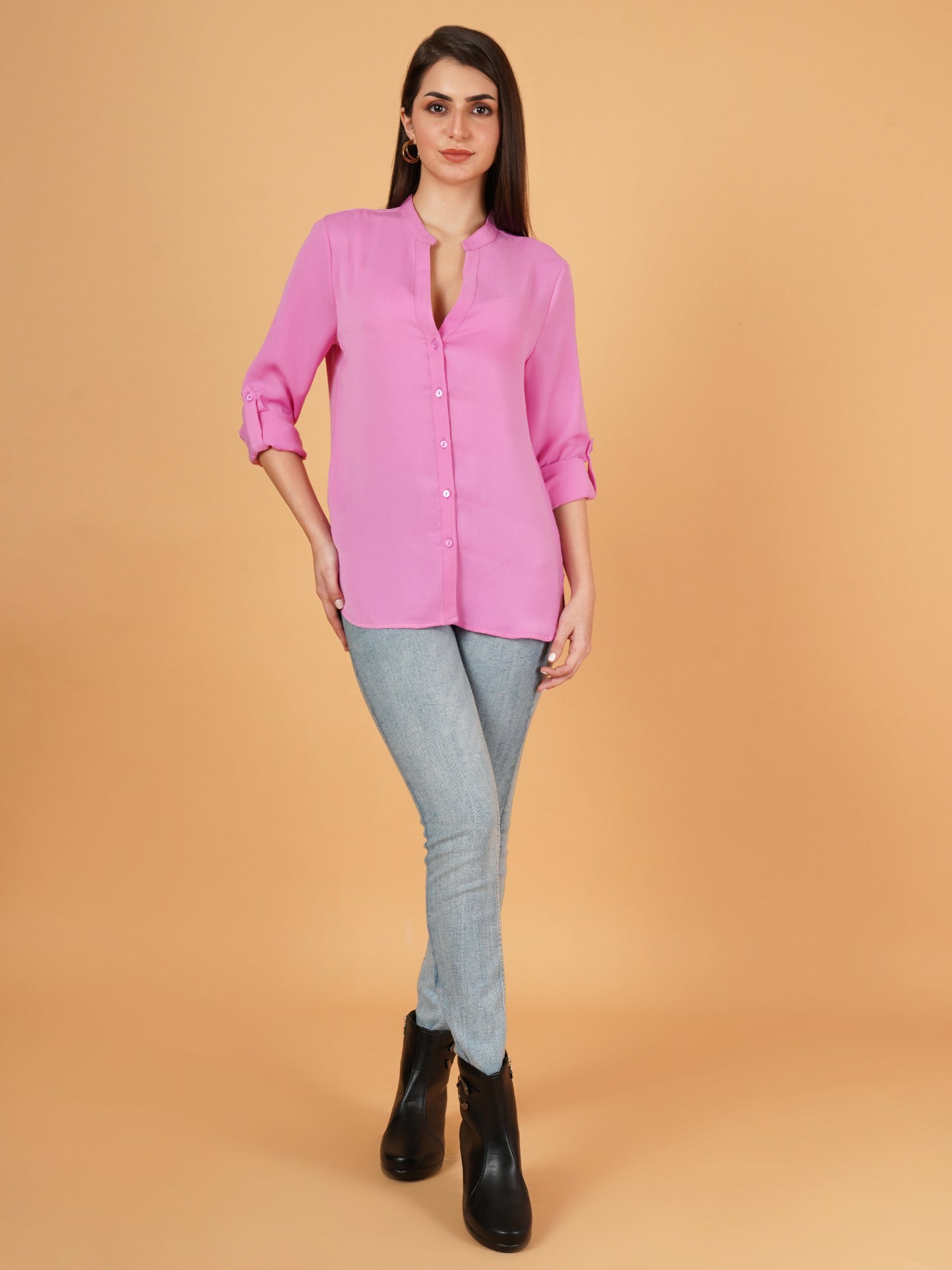 Pink Mandarin Collar Foldup Full Sleeves Oversized Casual Shirt Style Womens Top