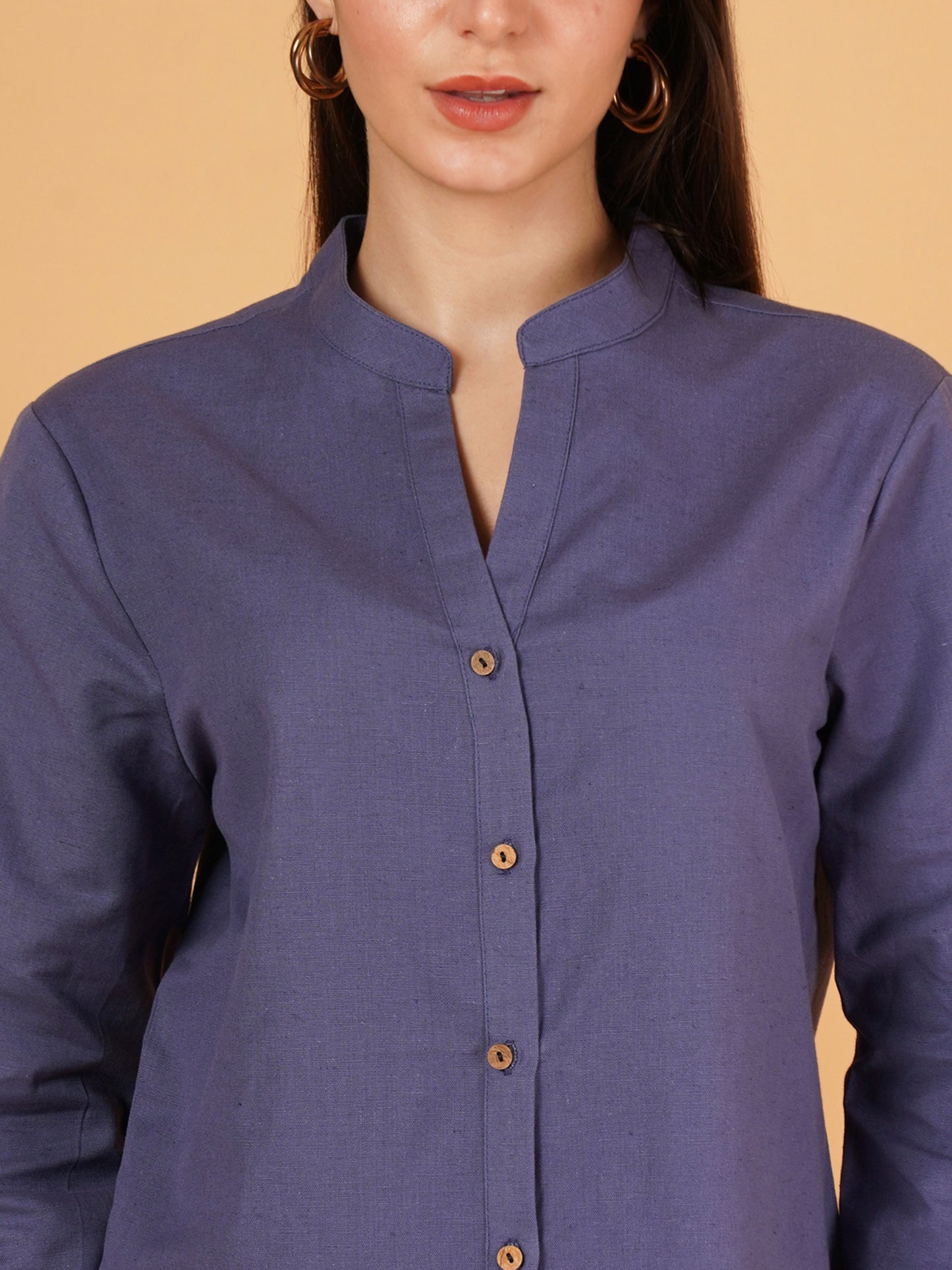 Navy Blue Mandarin Collar Foldup Full Sleeves Oversized Casual Shirt Style Womens Top