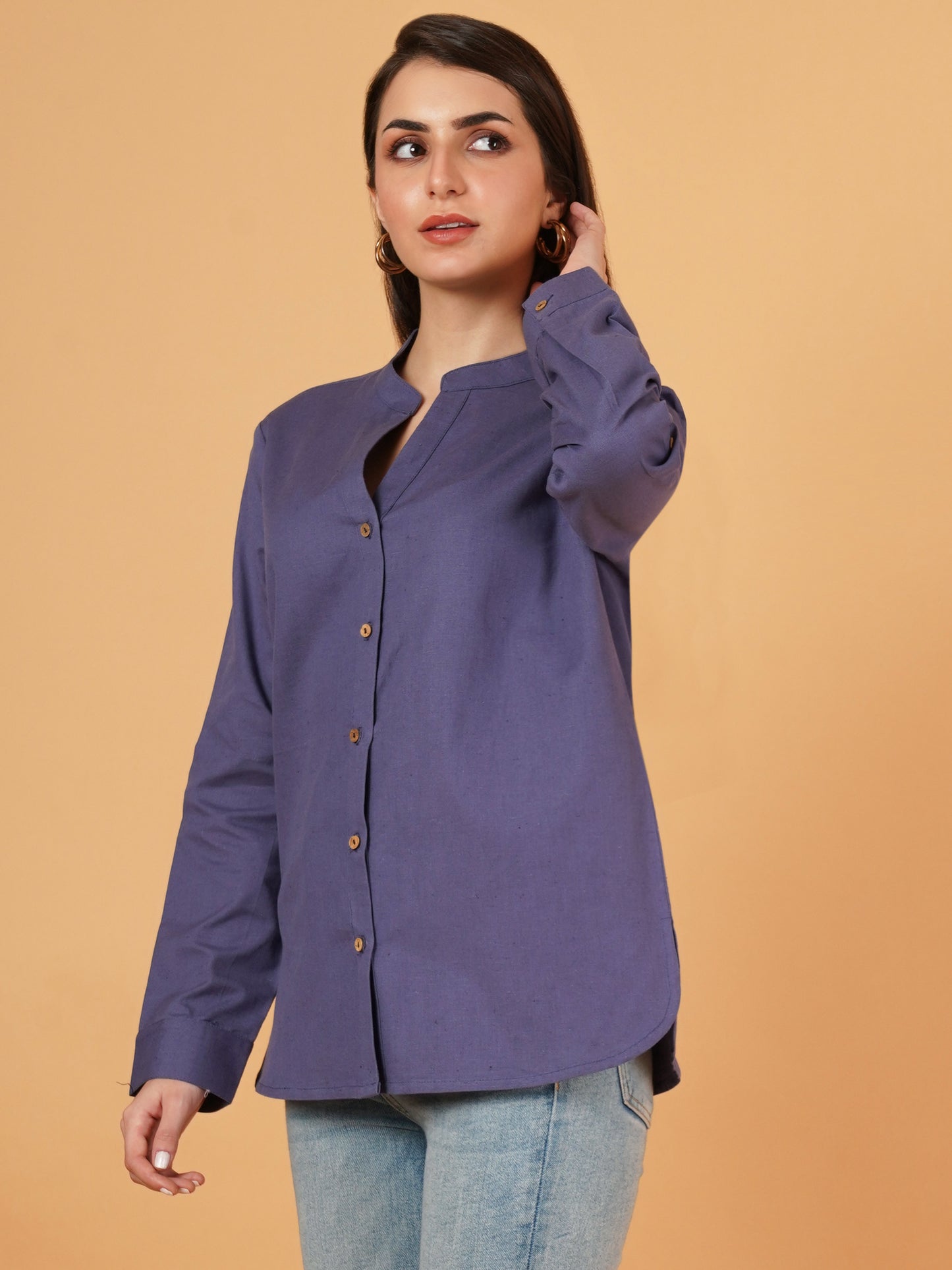 Navy Blue Mandarin Collar Foldup Full Sleeves Oversized Casual Shirt Style Womens Top