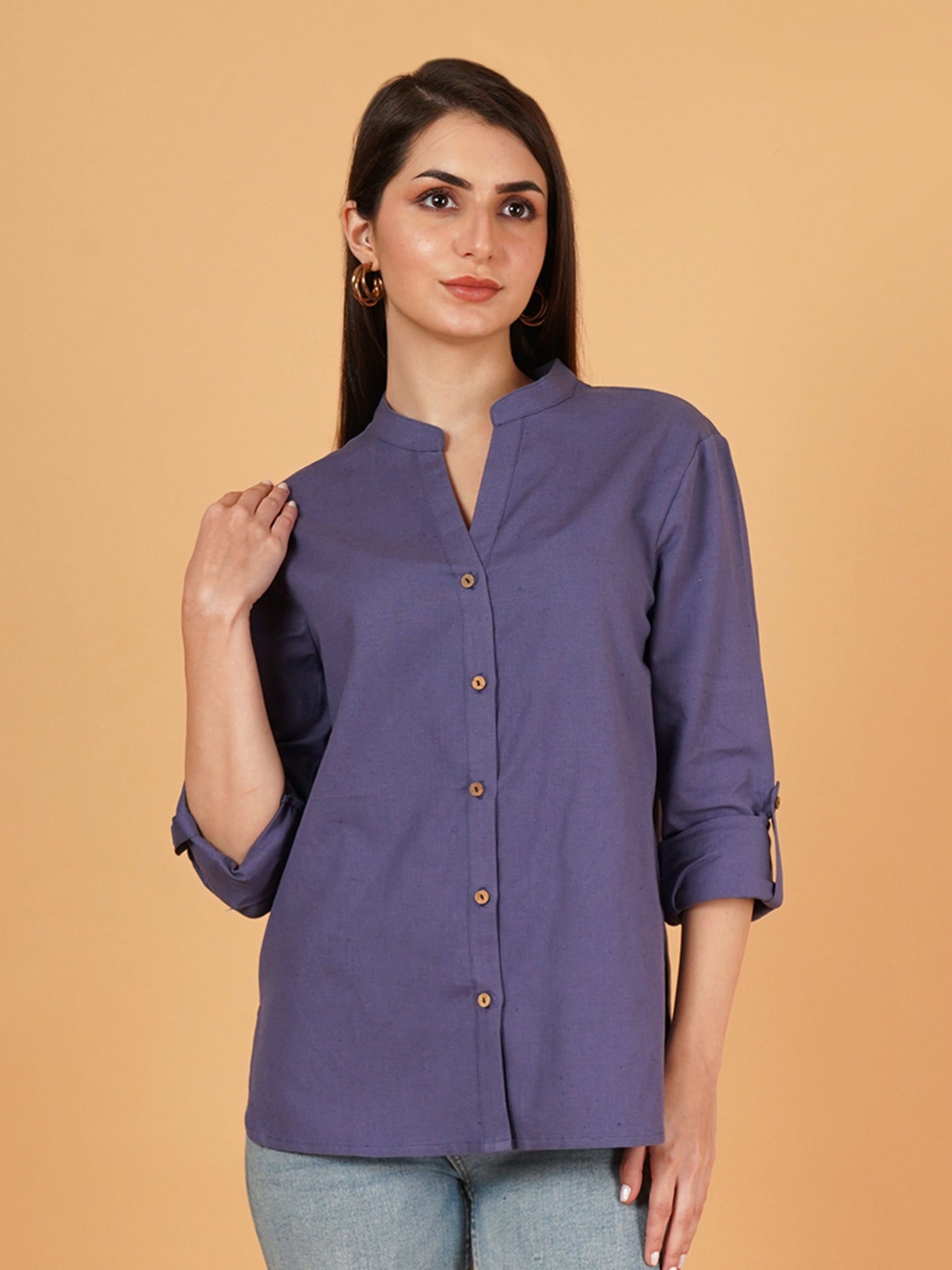 Navy Blue Mandarin Collar Foldup Full Sleeves Oversized Casual Shirt Style Womens Top