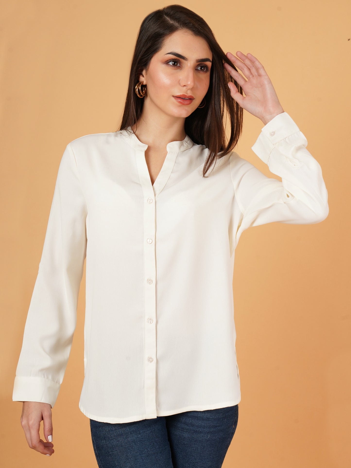 White Mandarin Collar Foldup Full Sleeves Oversized Casual Shirt Style Womens Top