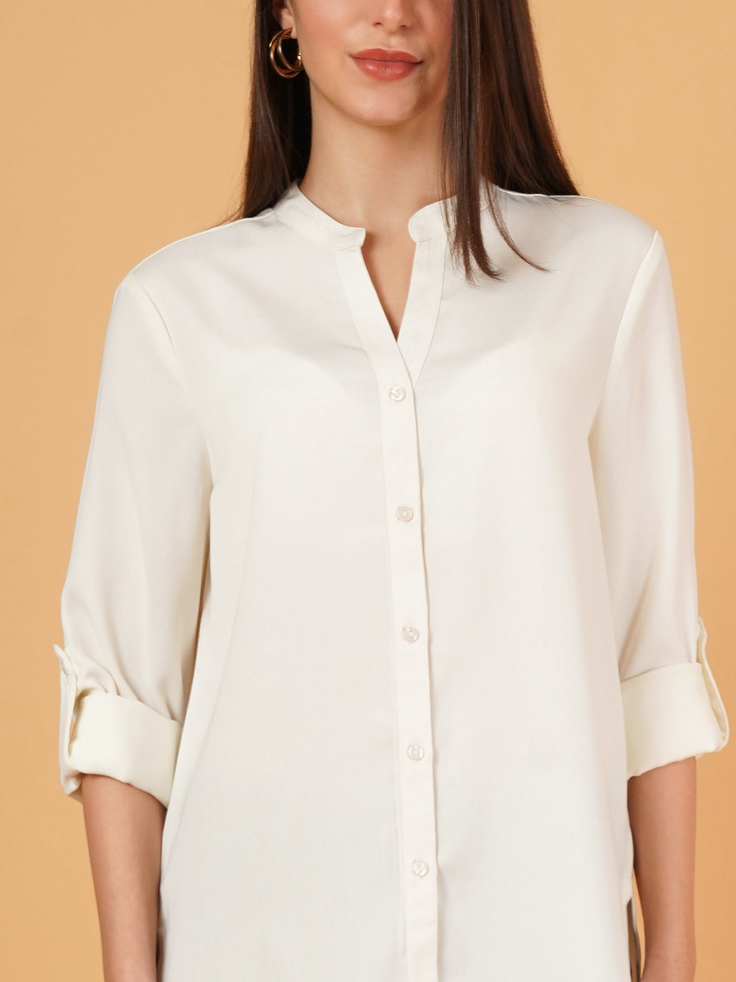 White Mandarin Collar Foldup Full Sleeves Oversized Casual Shirt Style Womens Top