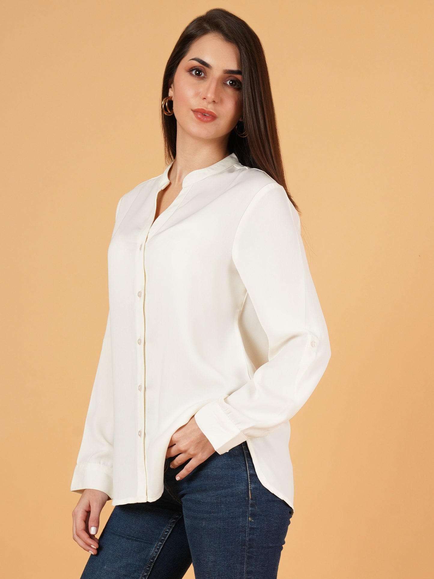 White Mandarin Collar Foldup Full Sleeves Oversized Casual Shirt Style Womens Top