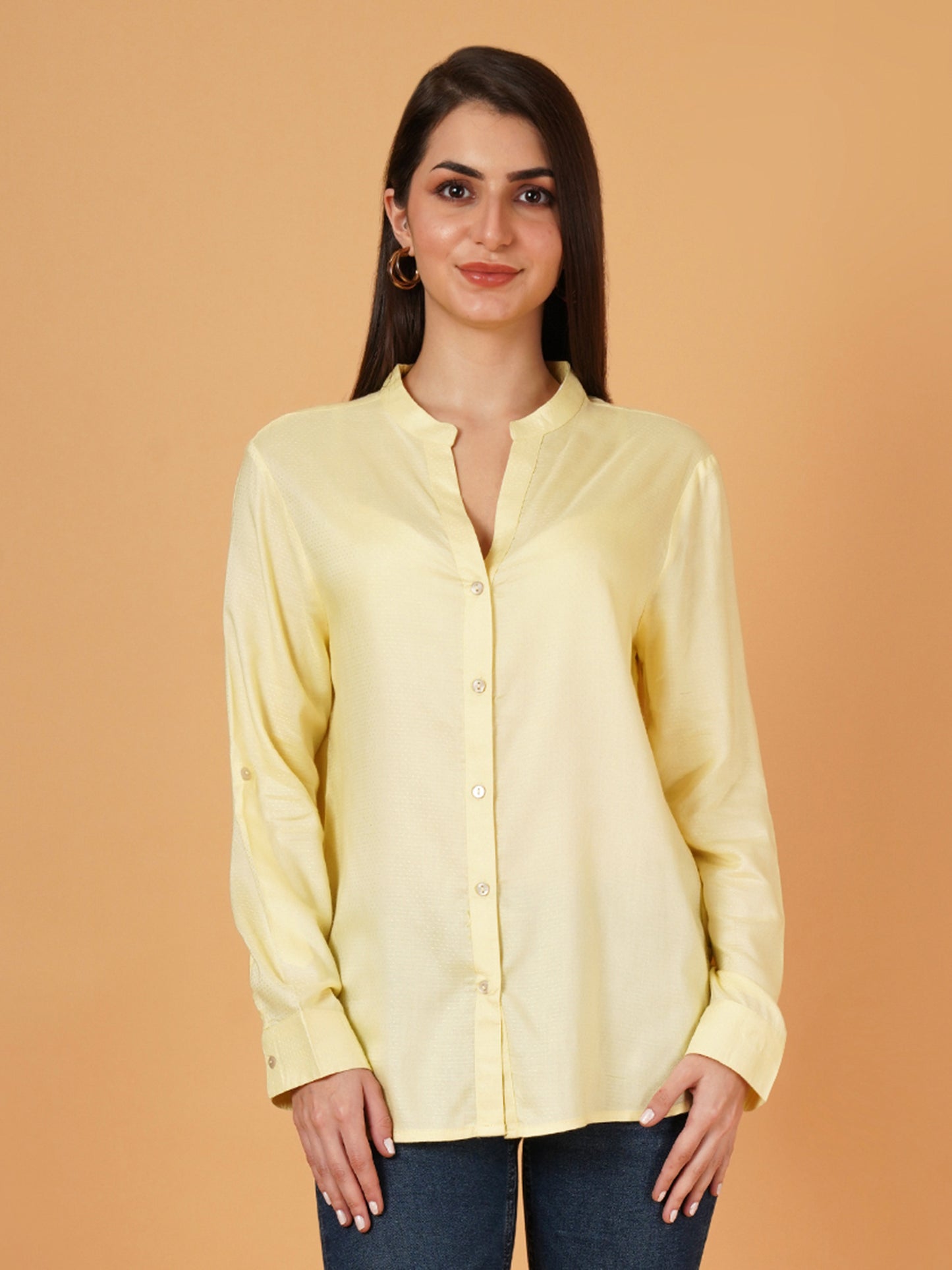 Yellow Mandarin Collar Foldup Full Sleeves Oversized Casual Shirt Style Womens Top