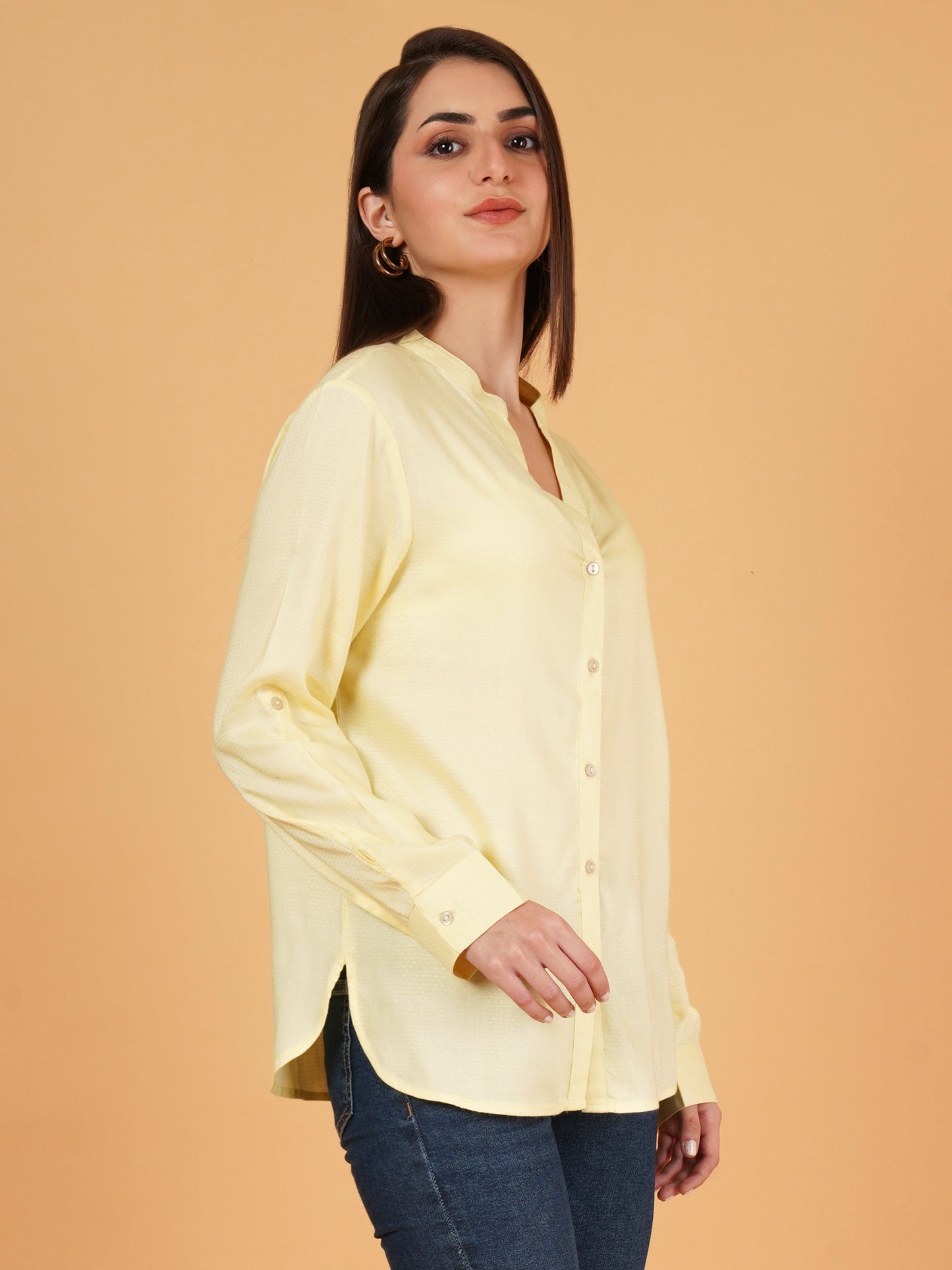 Yellow Mandarin Collar Foldup Full Sleeves Oversized Casual Shirt Style Womens Top