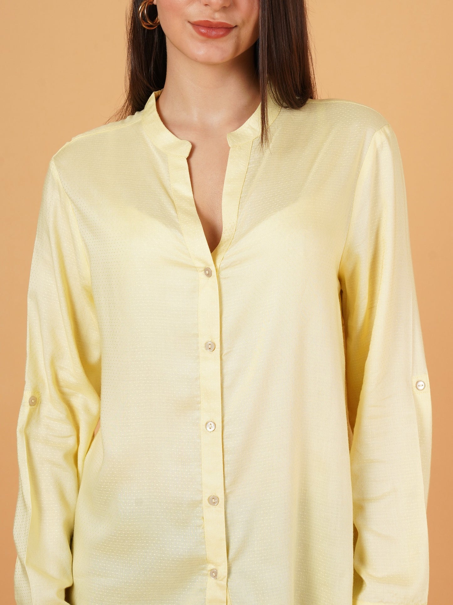 Yellow Mandarin Collar Foldup Full Sleeves Oversized Casual Shirt Style Womens Top