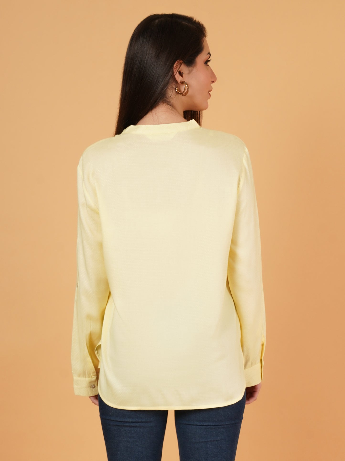 Yellow Mandarin Collar Foldup Full Sleeves Oversized Casual Shirt Style Womens Top