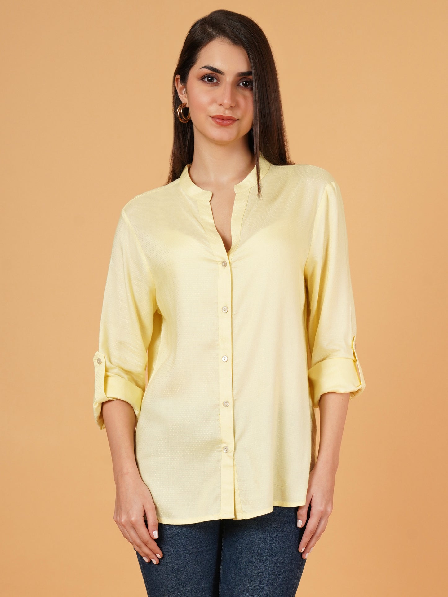 Yellow Mandarin Collar Foldup Full Sleeves Oversized Casual Shirt Style Womens Top