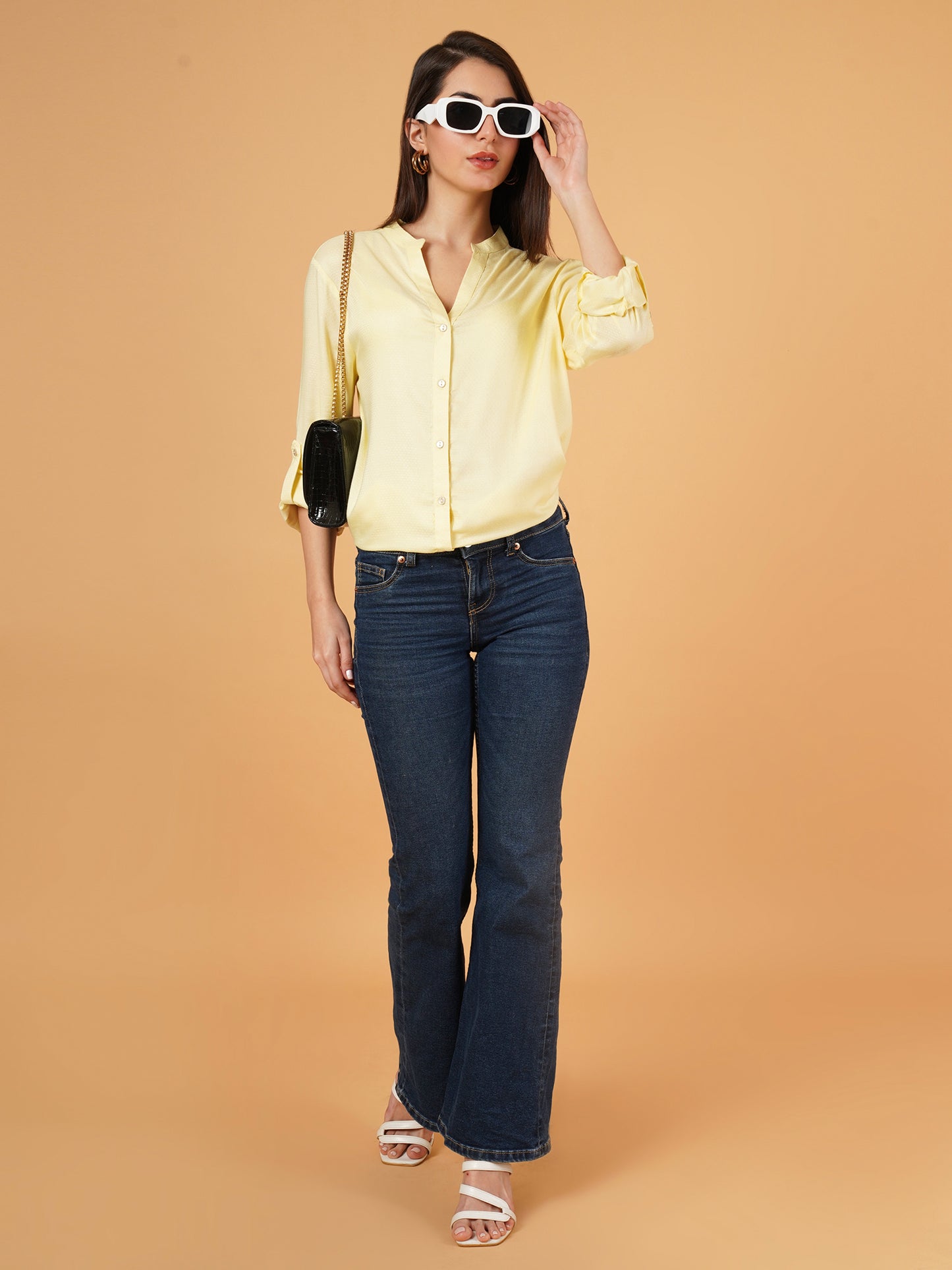 Yellow Mandarin Collar Foldup Full Sleeves Oversized Casual Shirt Style Womens Top