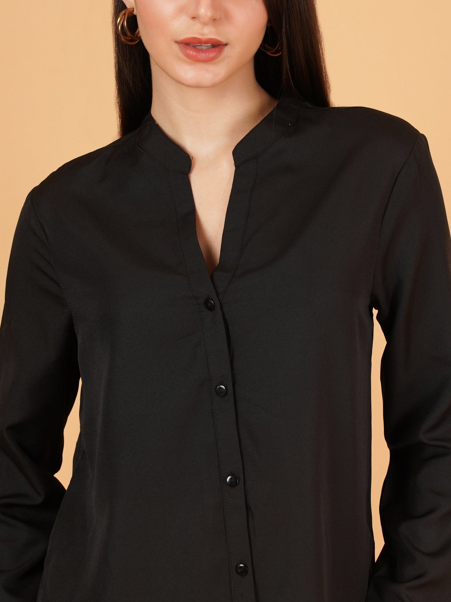 Black Mandarin Collar Foldup Full Sleeves Oversized Casual Shirt Style Womens Top