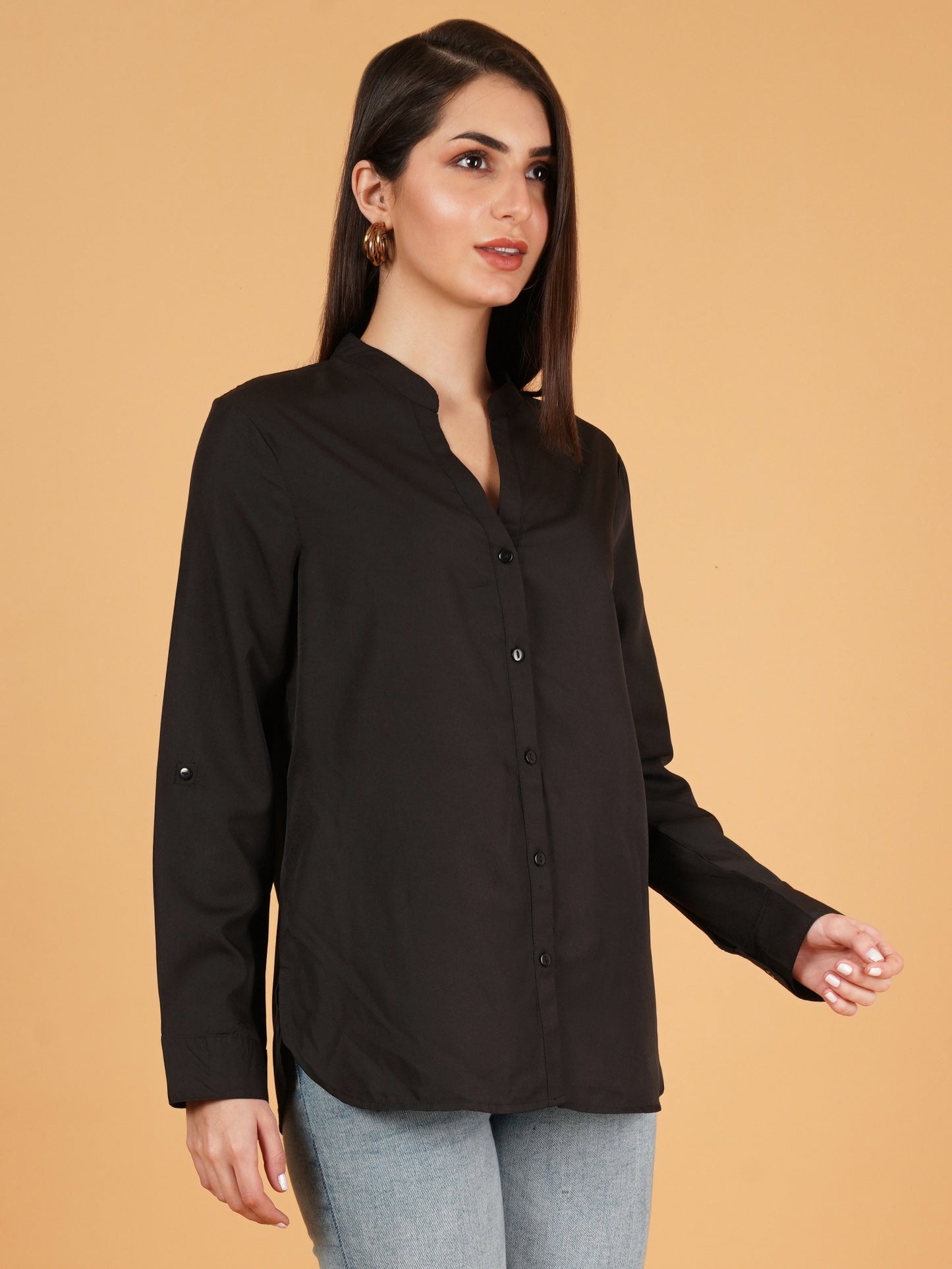 Black Mandarin Collar Foldup Full Sleeves Oversized Casual Shirt Style Womens Top