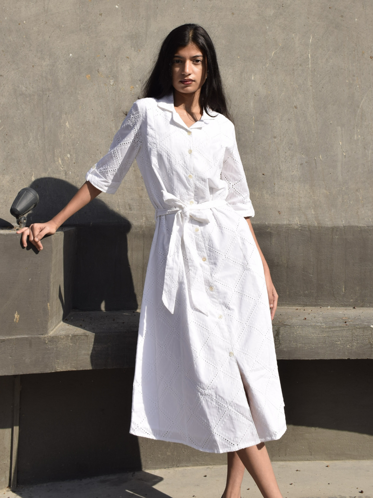 Cotton Schiffli Roll-Up Sleeves A-Line Shirt Style Midi Dress