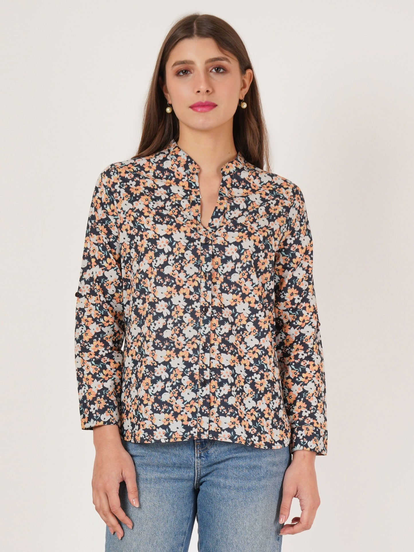 Women White & Pink Floral Print Oversized Shirt Style Top