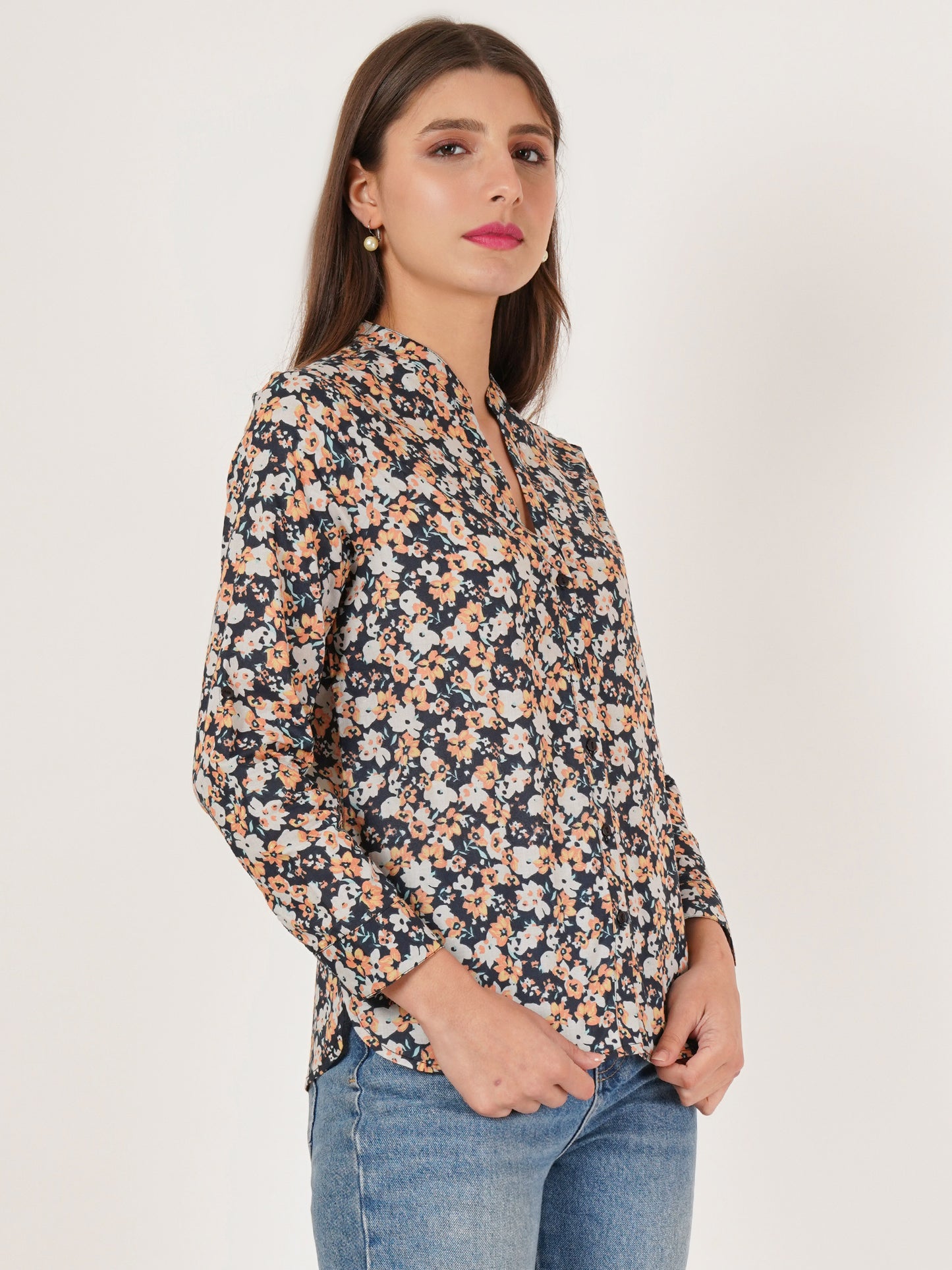 Women White & Pink Floral Print Oversized Shirt Style Top