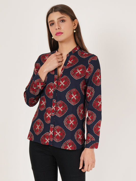 Women Navy Blue & Maroon Floral Print Oversized Shirt Style Top