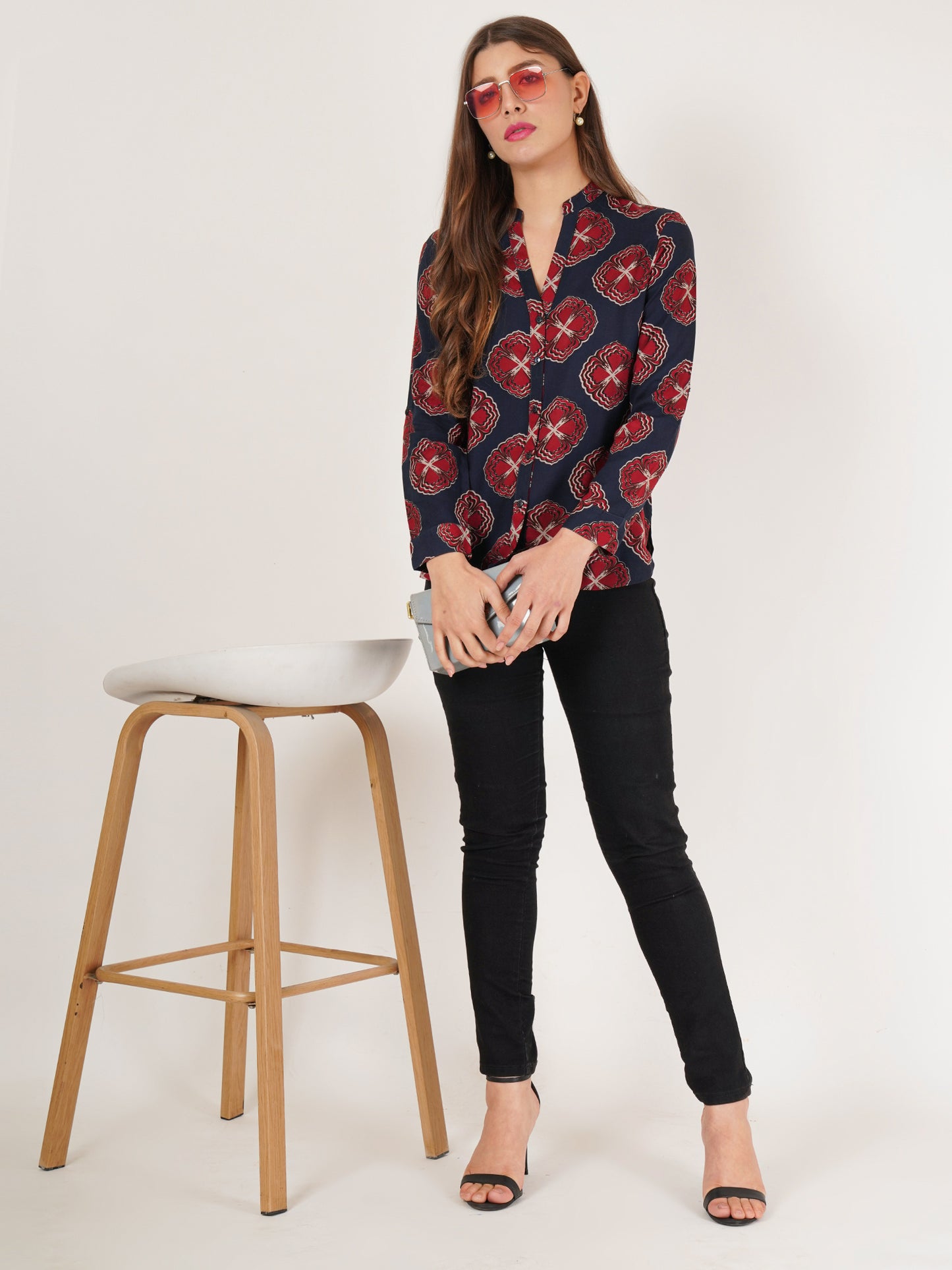 Women Navy Blue & Maroon Floral Print Oversized Shirt Style Top