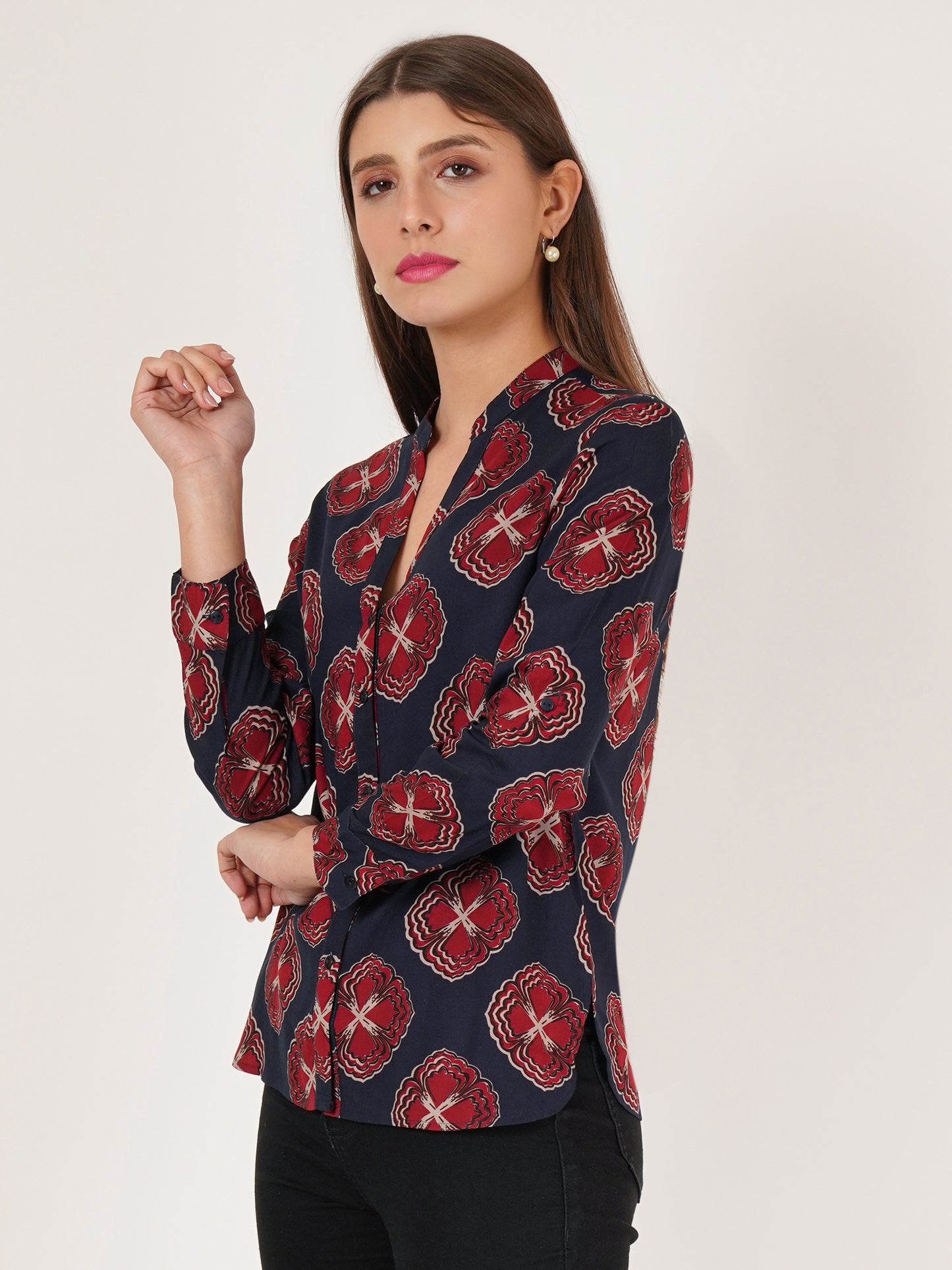 Women Navy Blue & Maroon Floral Print Oversized Shirt Style Top