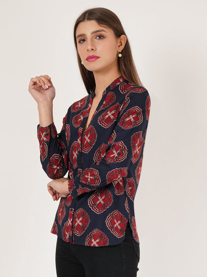 Women Navy Blue & Maroon Floral Print Oversized Shirt Style Top